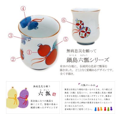 画像6: 名入れ 卒寿のお祝い 無病息災を願った縁起物ギフト 有田焼 湯呑み 茶碗 飯碗 セット 鍋島六瓢 青 メッセージカード付き・卒寿のし付き 木箱入り