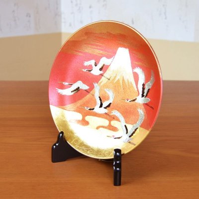 画像3: 金箔 富士山と鶴絵 ６寸飾り皿（19ｃｍ） 琥山窯 小野達郎 作