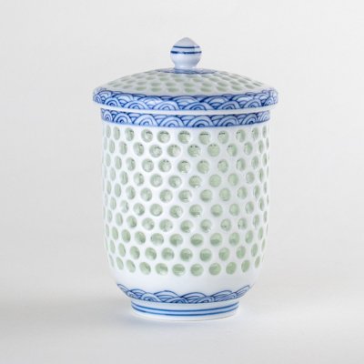 波佐見焼、「丹心窯」、急須・湯呑（蓋付）・5客、水晶彫、青海波、銘有、