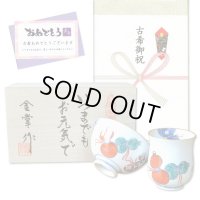 古希祝い 無病息災を願った縁起物ギフト 有田焼 湯呑み 茶碗 飯碗 セット 鍋島六瓢 赤 メッセージカード付き・古希のし付き 木箱入り