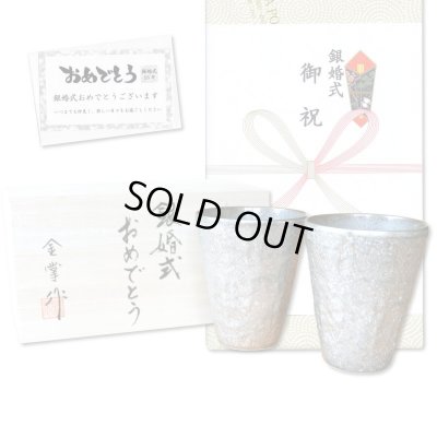画像1: 銀婚式 プレゼント 有田焼 タンブラー ペアー 布目銀彩 フリーカップ のし・メッセージカード付き 木箱入り
