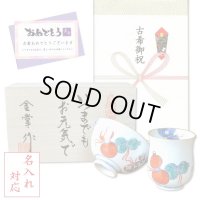 名入れ 古希祝い 無病息災を願った縁起物ギフト 有田焼 湯呑み 茶碗 飯碗 セット 鍋島六瓢 赤 メッセージカード付き・古希のし付き 木箱入り